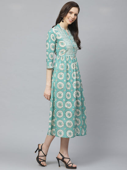 Women's Green Conversational Printed Mandarin Collar Cotton A-Line Dress