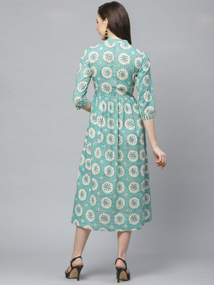 Women's Green Conversational Printed Mandarin Collar Cotton A-Line Dress