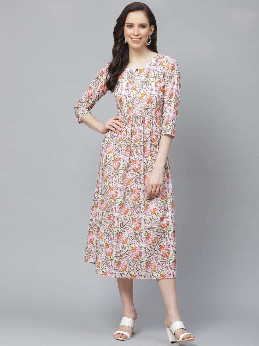 Women's White Floral Printed Keyhole Neck Cotton A-Line Dress