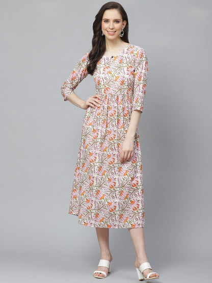 Women's White Floral Printed Keyhole Neck Cotton A-Line Dress