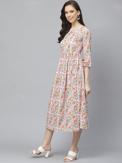 Women's White Floral Printed Keyhole Neck Cotton A-Line Dress