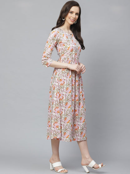 Women's White Floral Printed Keyhole Neck Cotton A-Line Dress