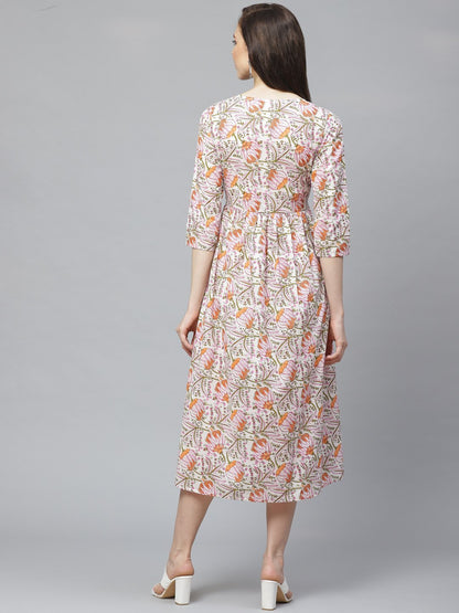Women's White Floral Printed Keyhole Neck Cotton A-Line Dress