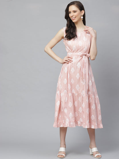 Women's Pink Ethnic Motifs Printed Round Neck Cotton A-Line Dress