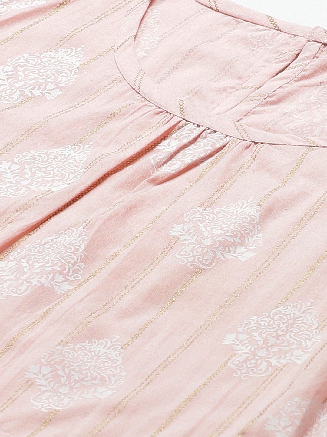 Women's Pink Ethnic Motifs Printed Round Neck Cotton A-Line Dress