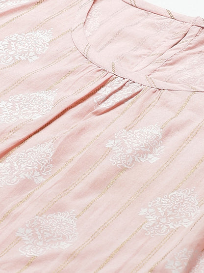 Women's Pink Ethnic Motifs Printed Round Neck Cotton A-Line Dress