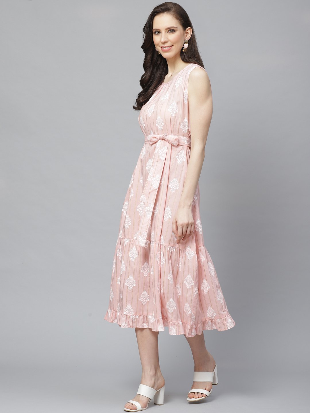 Women's Pink Ethnic Motifs Printed Round Neck Cotton A-Line Dress