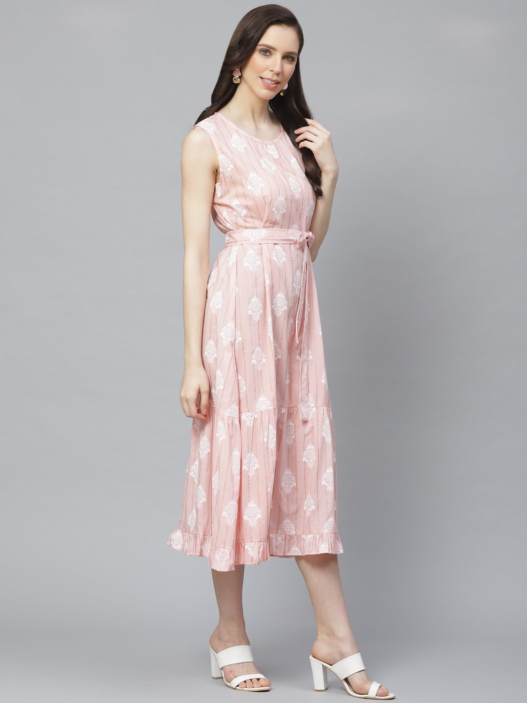 Women's Pink Ethnic Motifs Printed Round Neck Cotton A-Line Dress