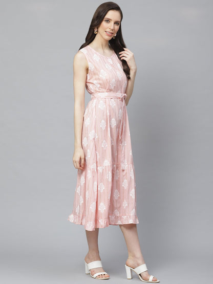 Women's Pink Ethnic Motifs Printed Round Neck Cotton A-Line Dress