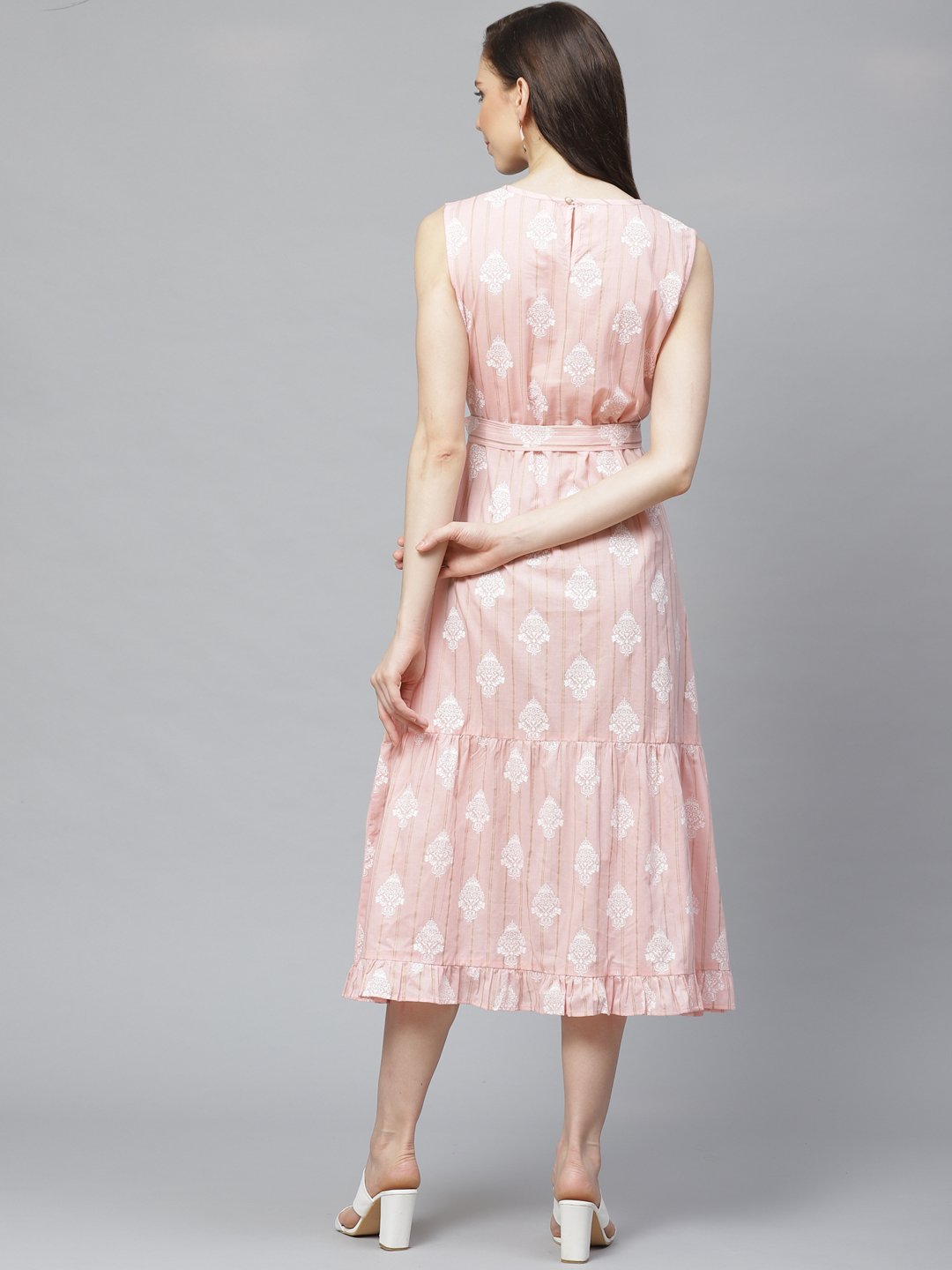 Women's Pink Ethnic Motifs Printed Round Neck Cotton A-Line Dress