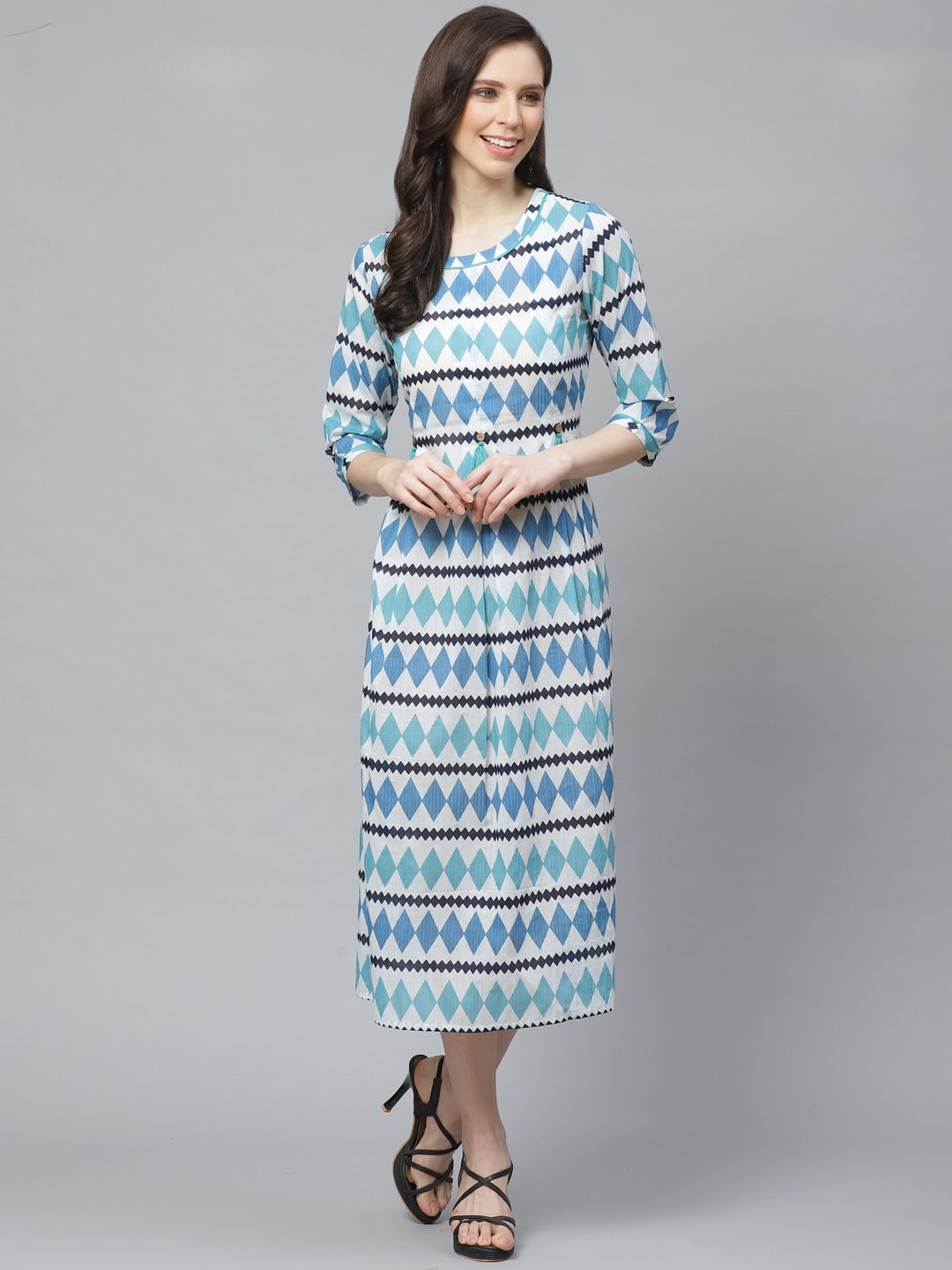 Women's White  Geometric Printed Round Neck Cotton A-Line Dress