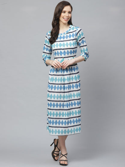 Women's White  Geometric Printed Round Neck Cotton A-Line Dress