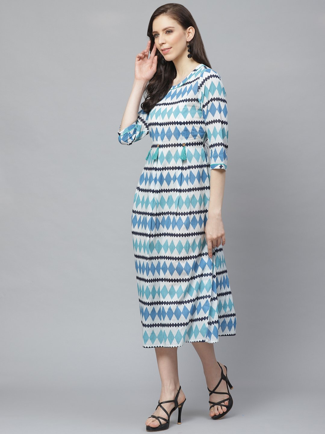 Women's White  Geometric Printed Round Neck Cotton A-Line Dress