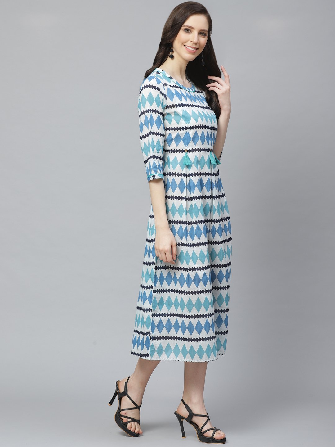 Women's White  Geometric Printed Round Neck Cotton A-Line Dress