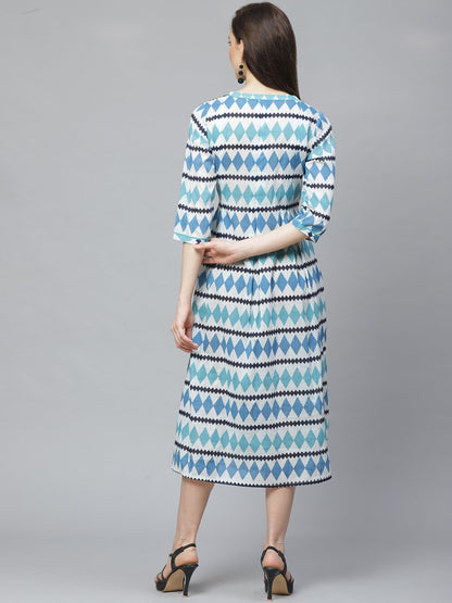 Women's White  Geometric Printed Round Neck Cotton A-Line Dress