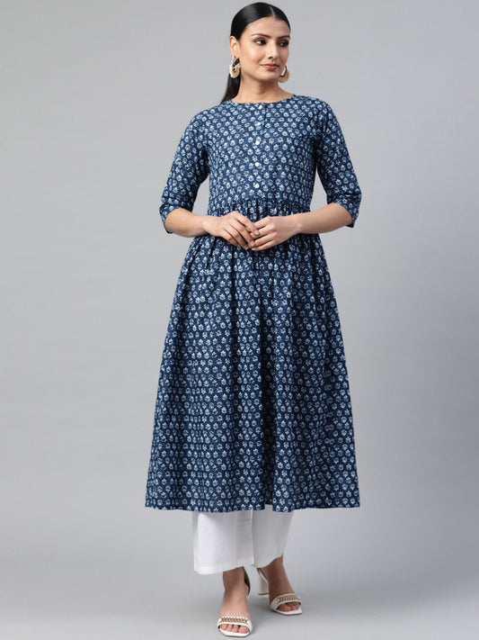 Women's Indigo Blue Three-Quarter Sleeves Flared Kurta With Palazzo