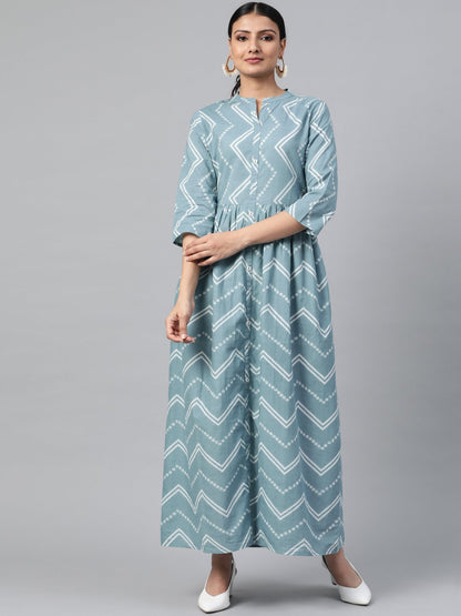Women's Blue Geometric Printed Mandarin Collar Cotton A-Line Dress