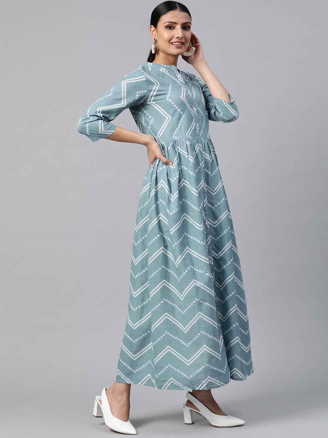 Women's Blue Geometric Printed Mandarin Collar Cotton A-Line Dress