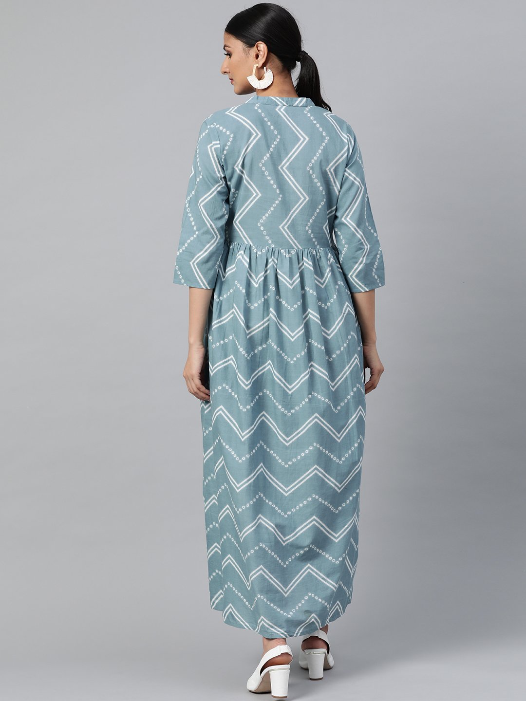 Women's Blue Geometric Printed Mandarin Collar Cotton A-Line Dress