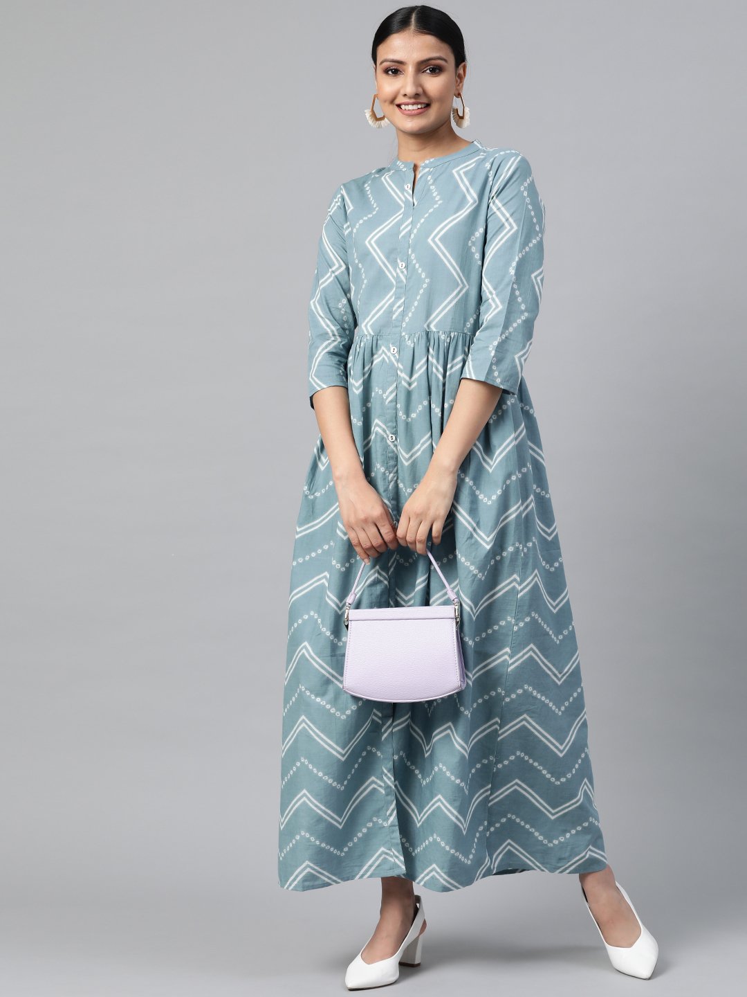 Women's Blue Geometric Printed Mandarin Collar Cotton A-Line Dress