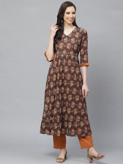 Women's Brown Three-Quarter Sleeves Flared Kurta With Trouser