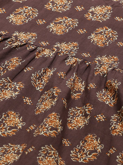 Women's Brown Three-Quarter Sleeves Flared Kurta With Trouser