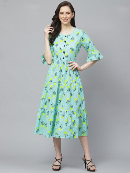 Women's Blue Floral Printed Round Neck Cotton Fit And Flare Dress