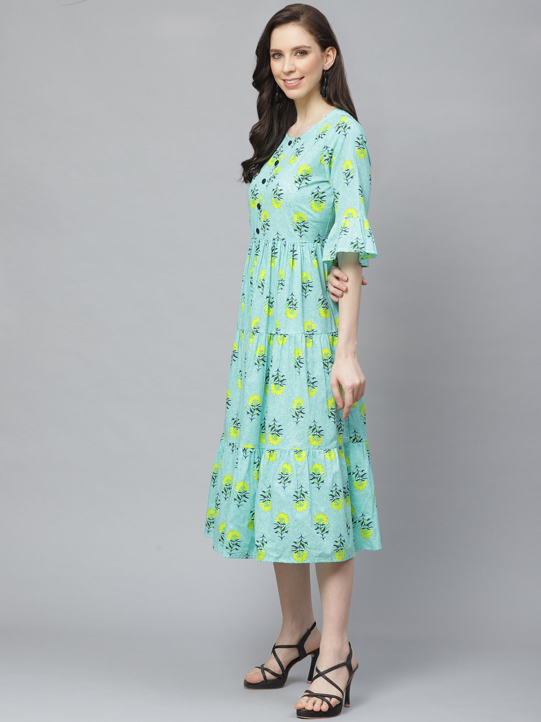 Women's Blue Floral Printed Round Neck Cotton Fit And Flare Dress