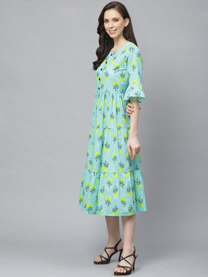 Women's Blue Floral Printed Round Neck Cotton Fit And Flare Dress