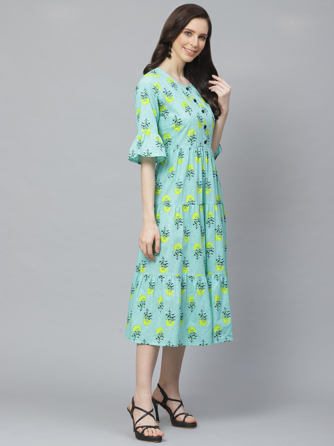 Women's Blue Floral Printed Round Neck Cotton Fit And Flare Dress