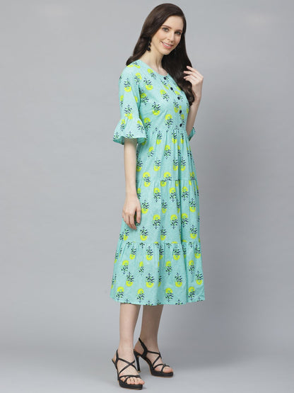 Women's Blue Floral Printed Round Neck Cotton Fit And Flare Dress