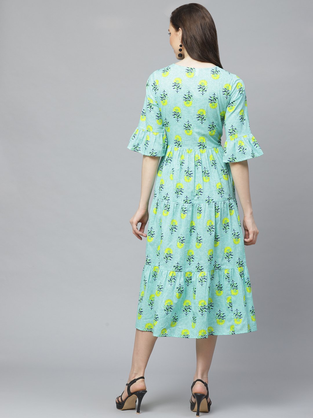 Women's Blue Floral Printed Round Neck Cotton Fit And Flare Dress