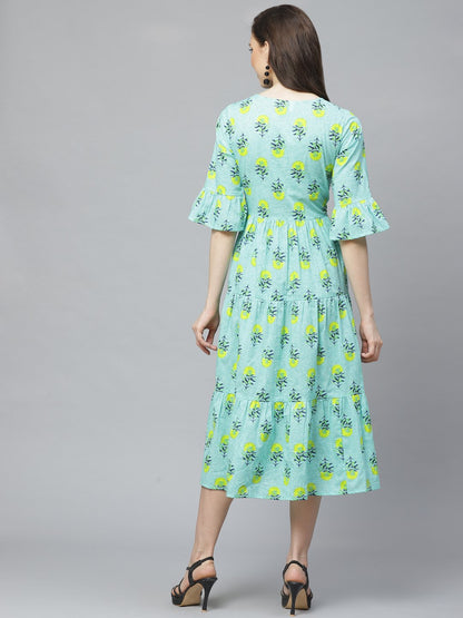 Women's Blue Floral Printed Round Neck Cotton Fit And Flare Dress