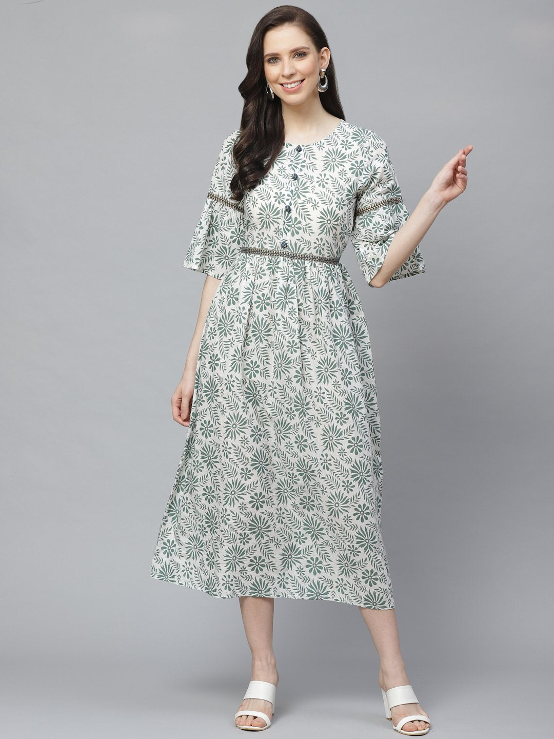 Women's White Floral Printed Round Neck Cotton A-Line Dress