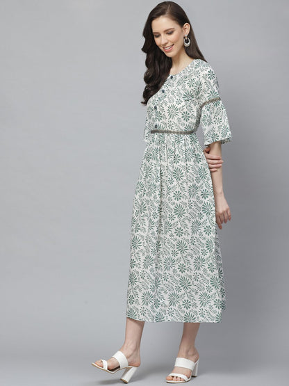 Women's White Floral Printed Round Neck Cotton A-Line Dress