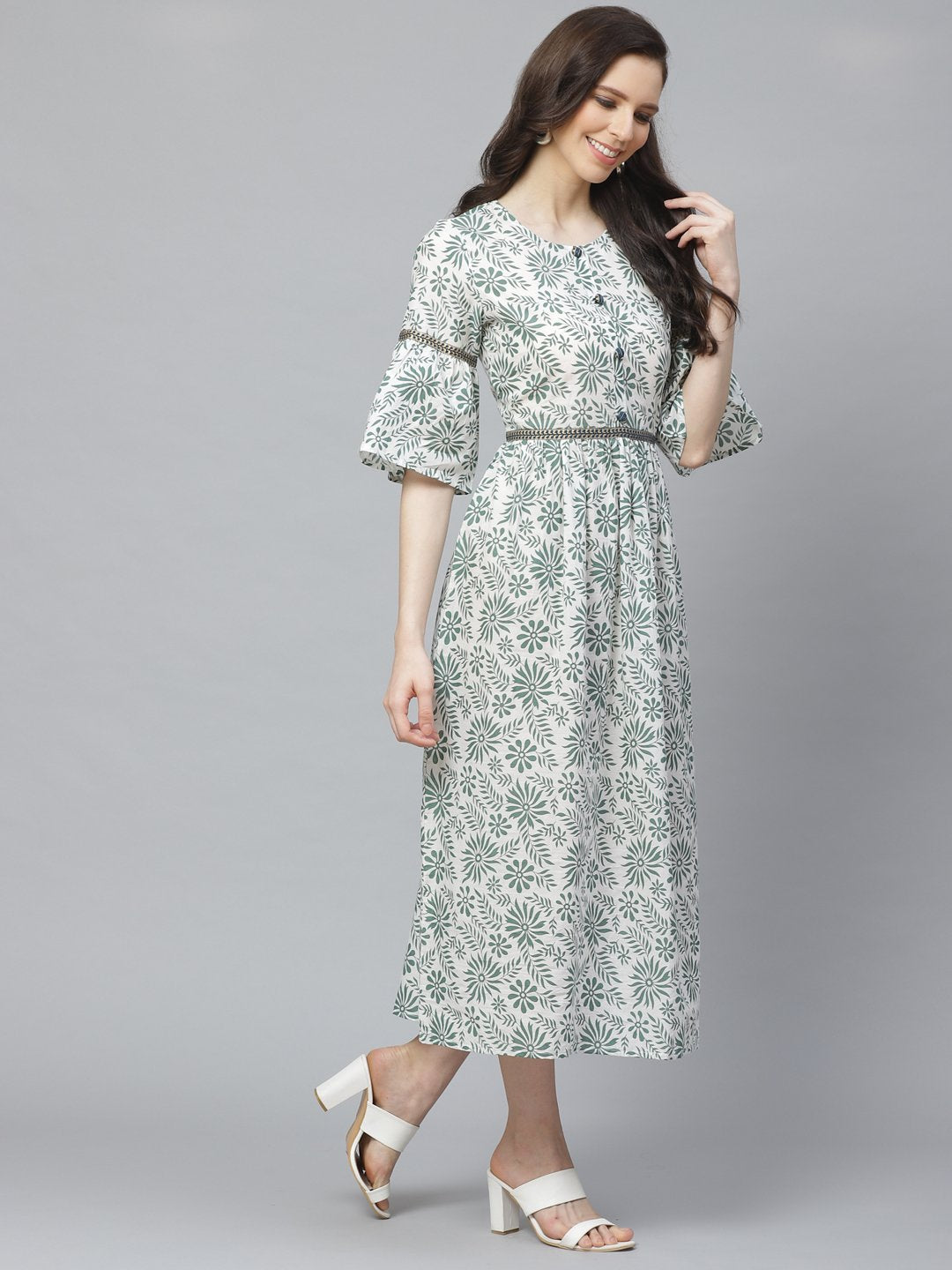 Women's White Floral Printed Round Neck Cotton A-Line Dress