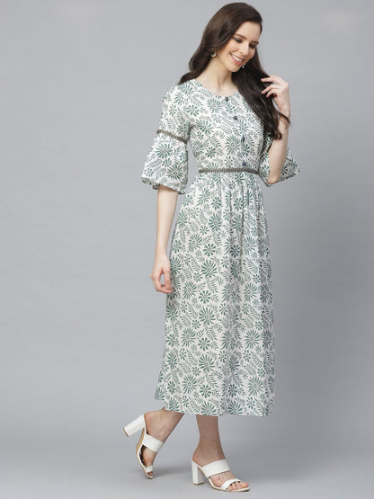 Women's White Floral Printed Round Neck Cotton A-Line Dress