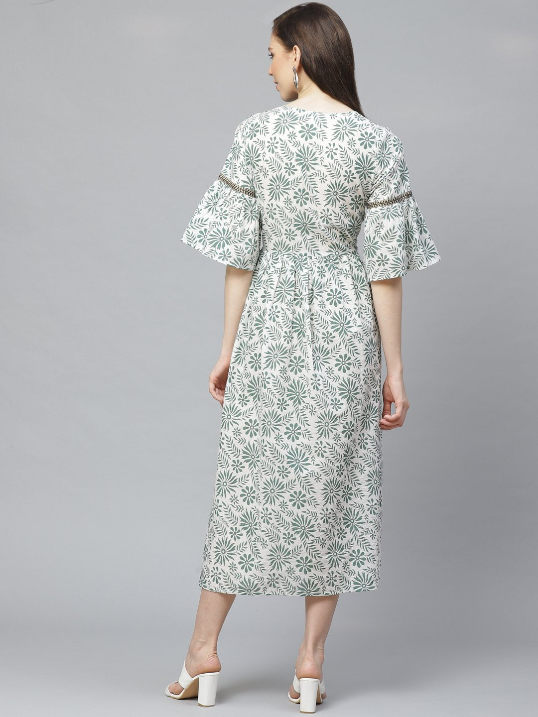 Women's White Floral Printed Round Neck Cotton A-Line Dress