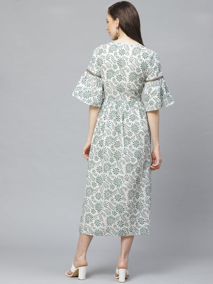 Women's White Floral Printed Round Neck Cotton A-Line Dress