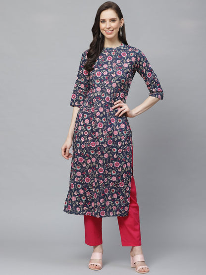 Women's Navy Blue Three-Quarter Sleeves Flared Kurta With Trouser