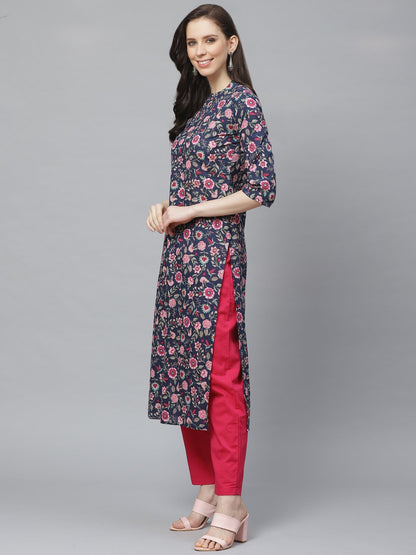 Women's Navy Blue Three-Quarter Sleeves Flared Kurta With Trouser