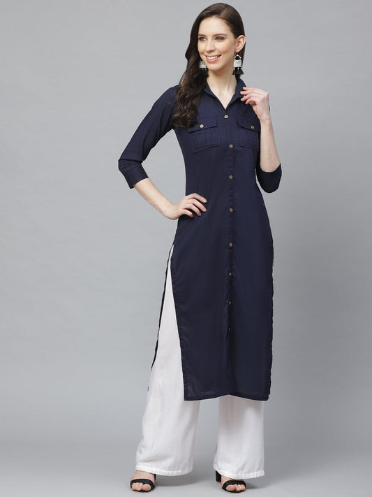 Women's Navy Blue Calf Length Three-Quarter Sleeves Pathani Solid Solid Cotton Kurta