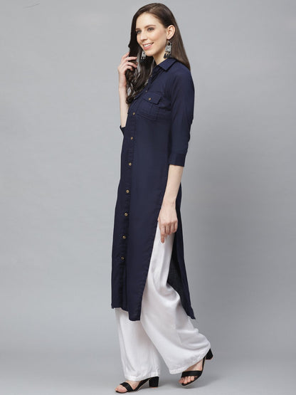 Women's Navy Blue Calf Length Three-Quarter Sleeves Pathani Solid Solid Cotton Kurta
