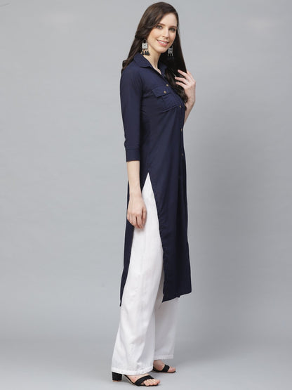 Women's Navy Blue Calf Length Three-Quarter Sleeves Pathani Solid Solid Cotton Kurta