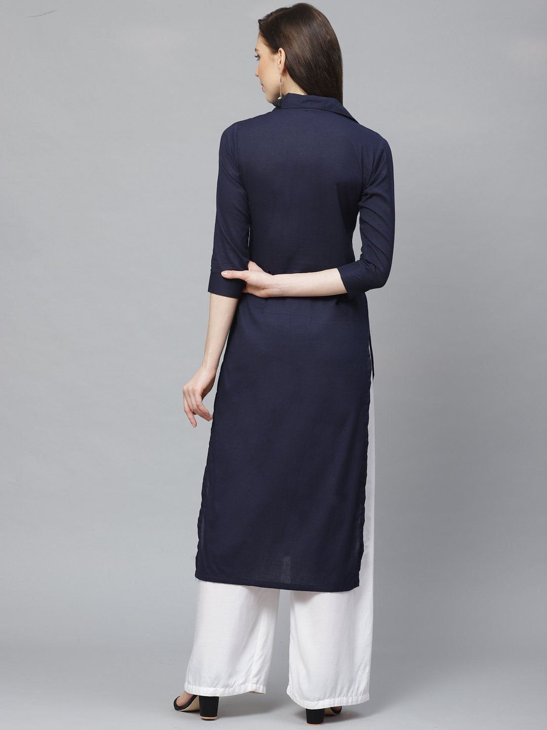 Women's Navy Blue Calf Length Three-Quarter Sleeves Pathani Solid Solid Cotton Kurta