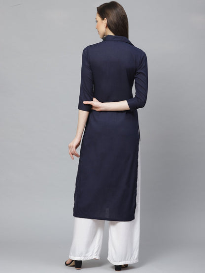 Women's Navy Blue Calf Length Three-Quarter Sleeves Pathani Solid Solid Cotton Kurta