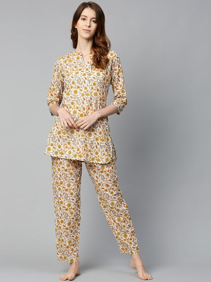 Women's Cream And Multi Floral Prnt Top And Pant Set