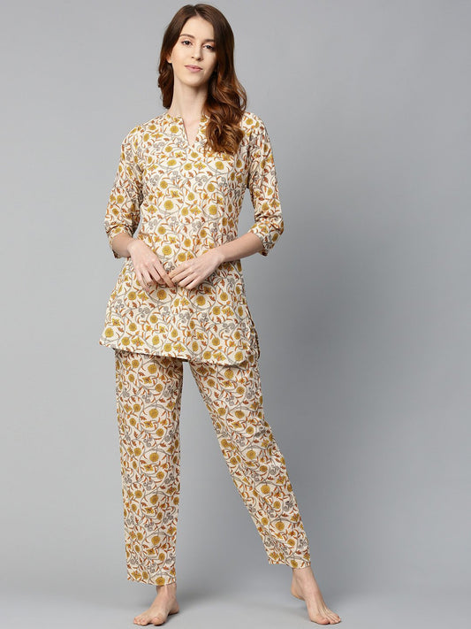 Women's Cream And Multi Floral Prnt Top And Pant Set