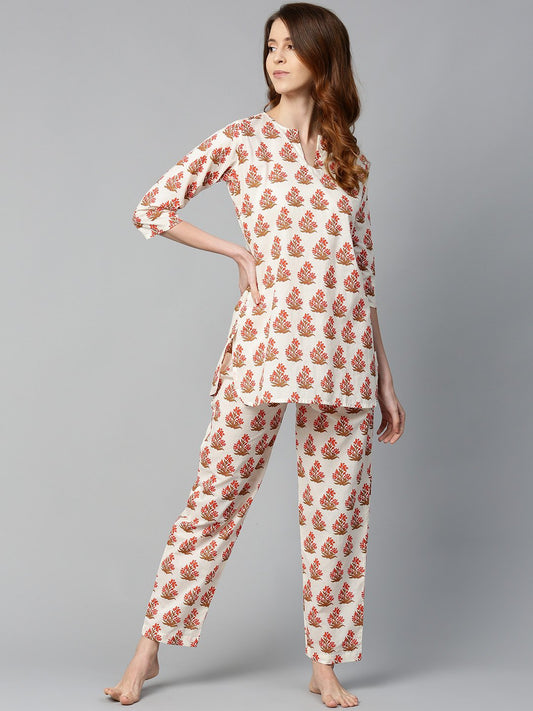 Women's White And Multi Floral Prnt Top And Pant Set