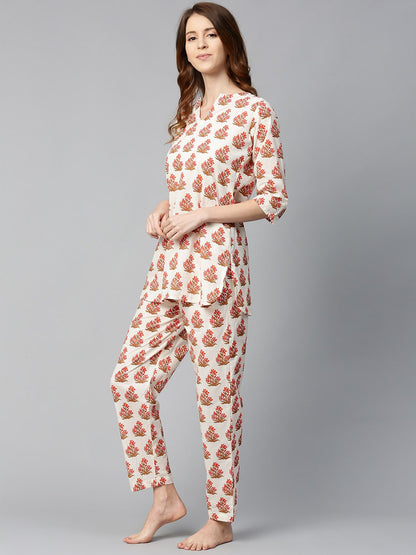 Women's White And Multi Floral Prnt Top And Pant Set